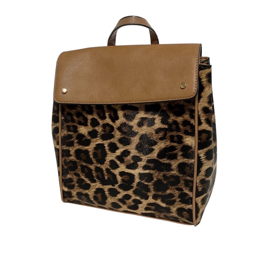 Le Miel Tan and Brown Leopard Print Vegan Leather Backpack